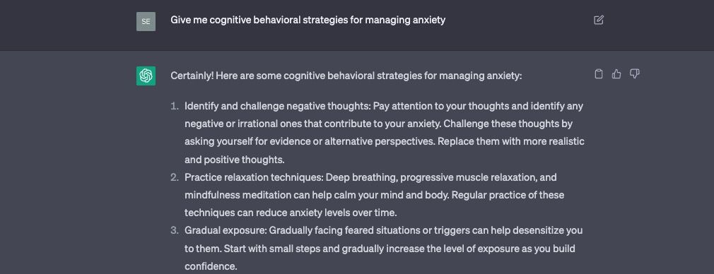 Screenshot of ChatGPT giving advice for managing stress