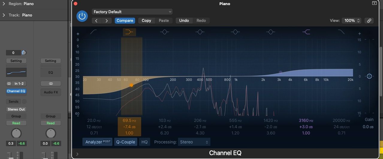 A low shelf and high shelf filter in the Channel EQ within Logic Pro X