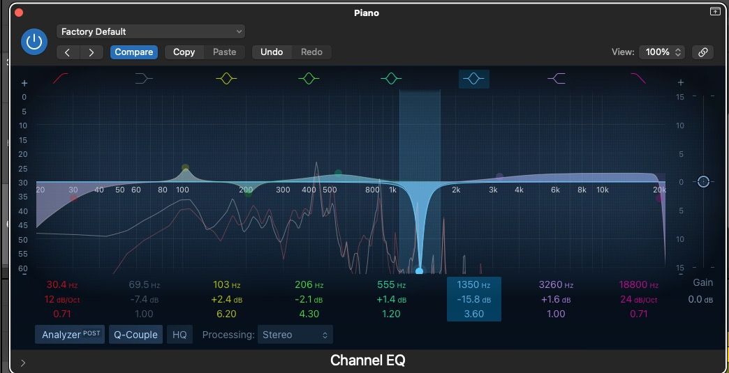 Bell filters and corrective EQ edits in the Channel EQ plugin within Logic Pro X