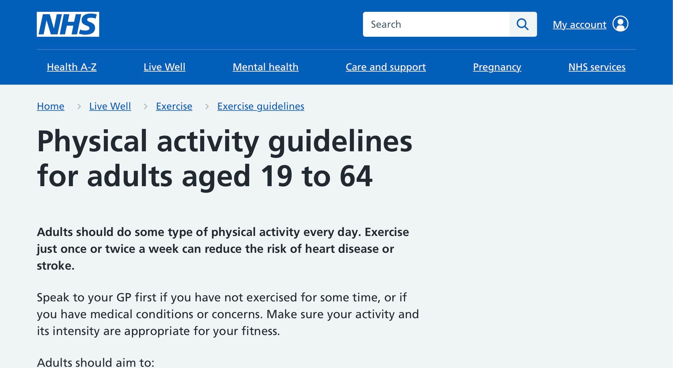 screenshot NHS website physical activity guidelines