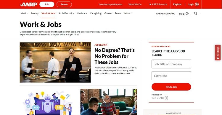 Screenshot of AARP work and jobs page