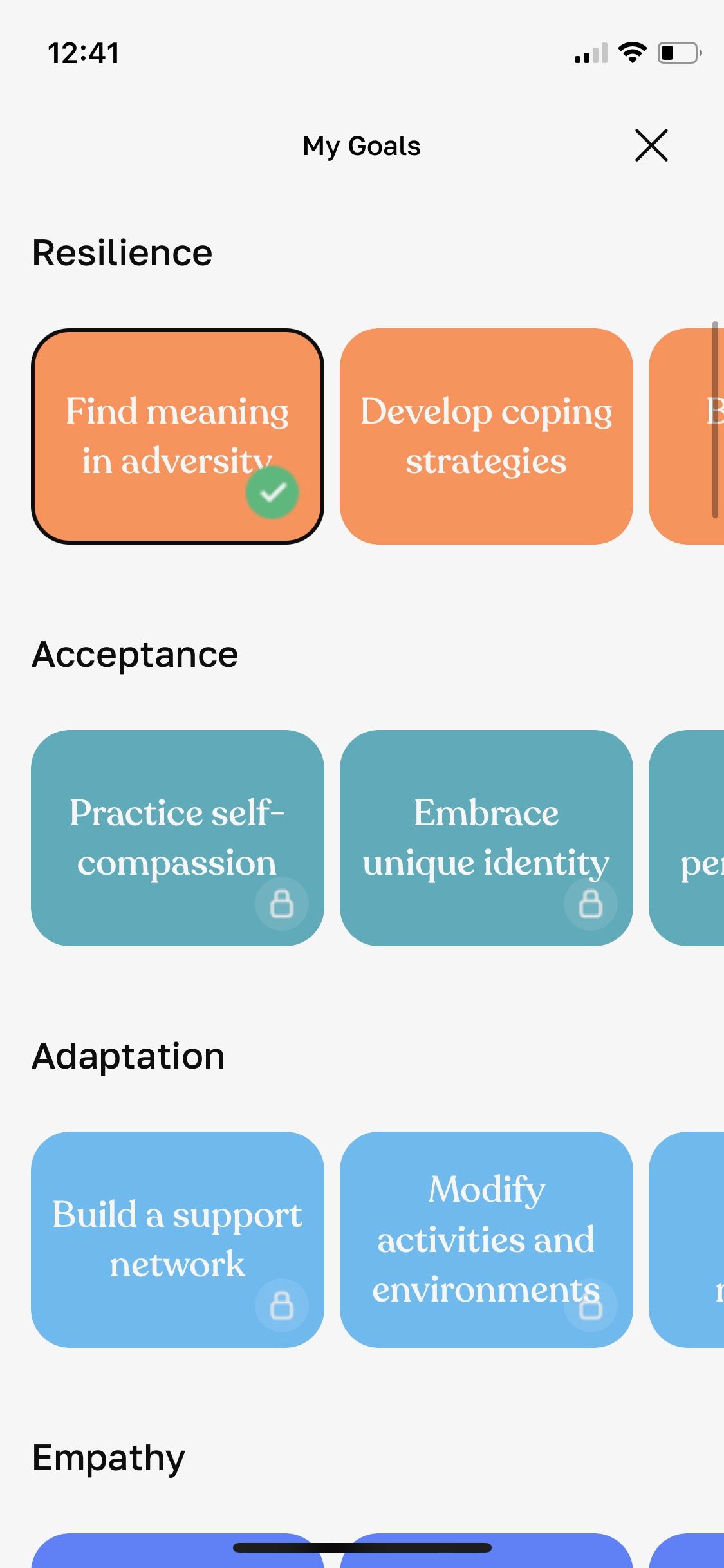 Screenshot of Balance Disability app showing categories