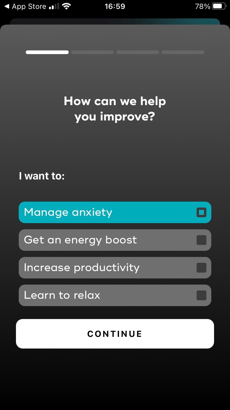 Screenshot of Breathonics app initial questionnaire