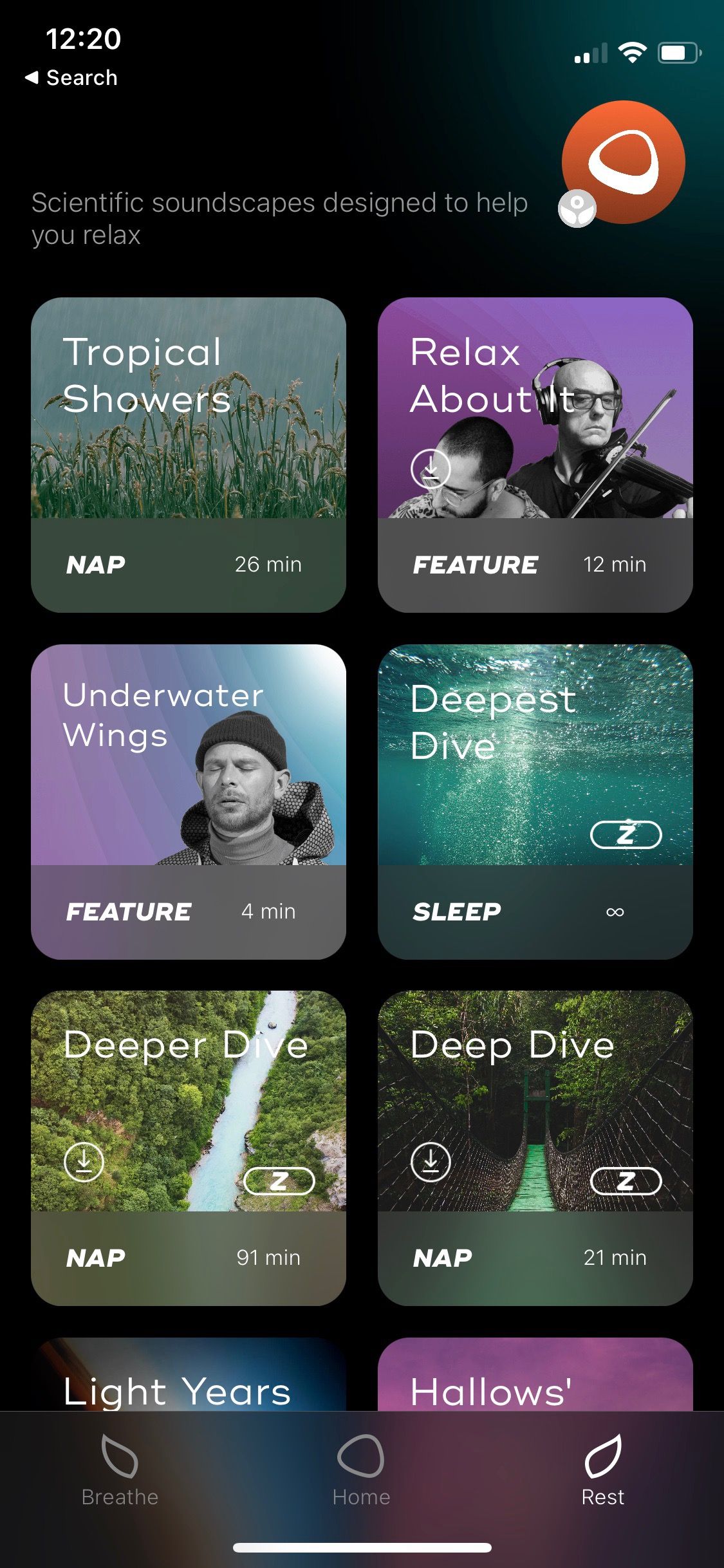 Screenshot of Breathonics app Rest section