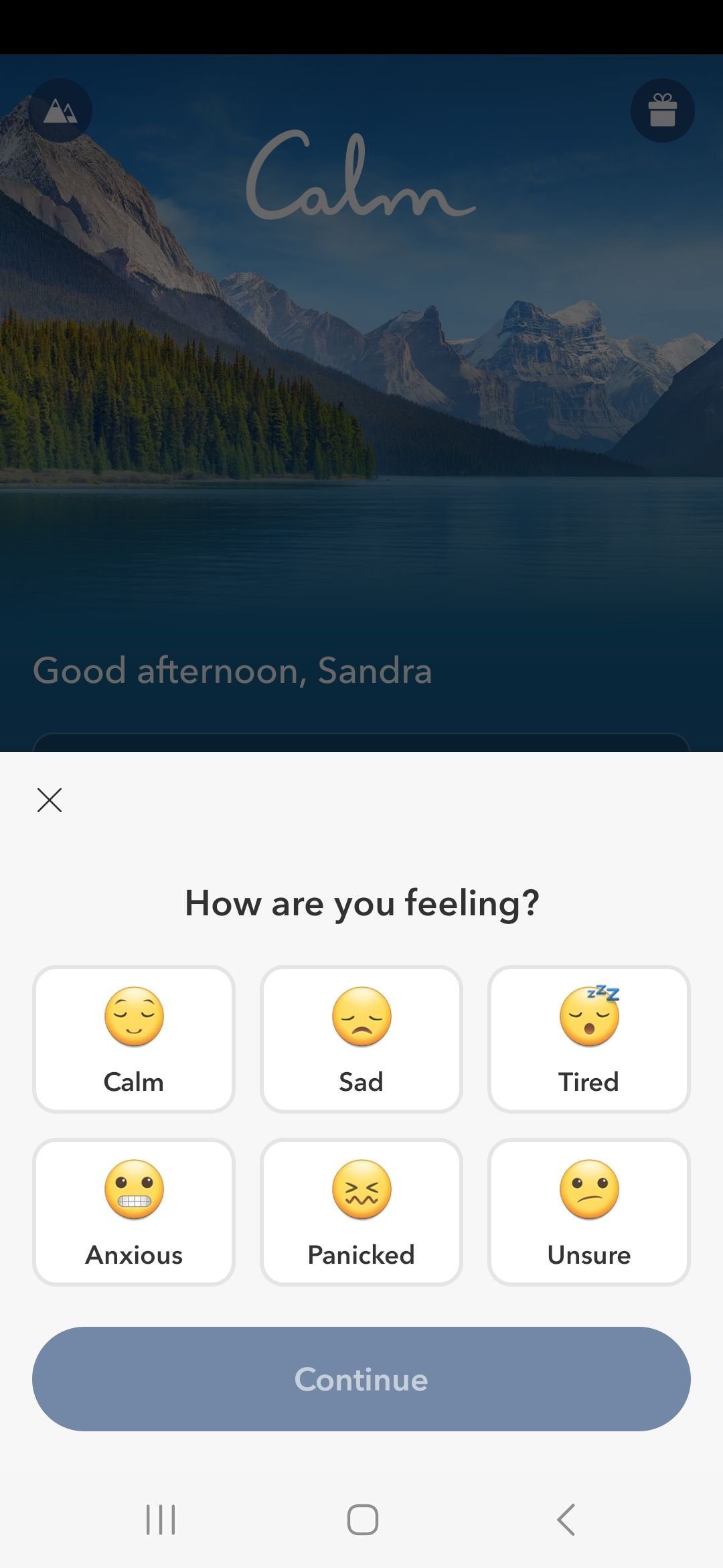 Screenshot of Calm app asking how you feel to provide suggestions