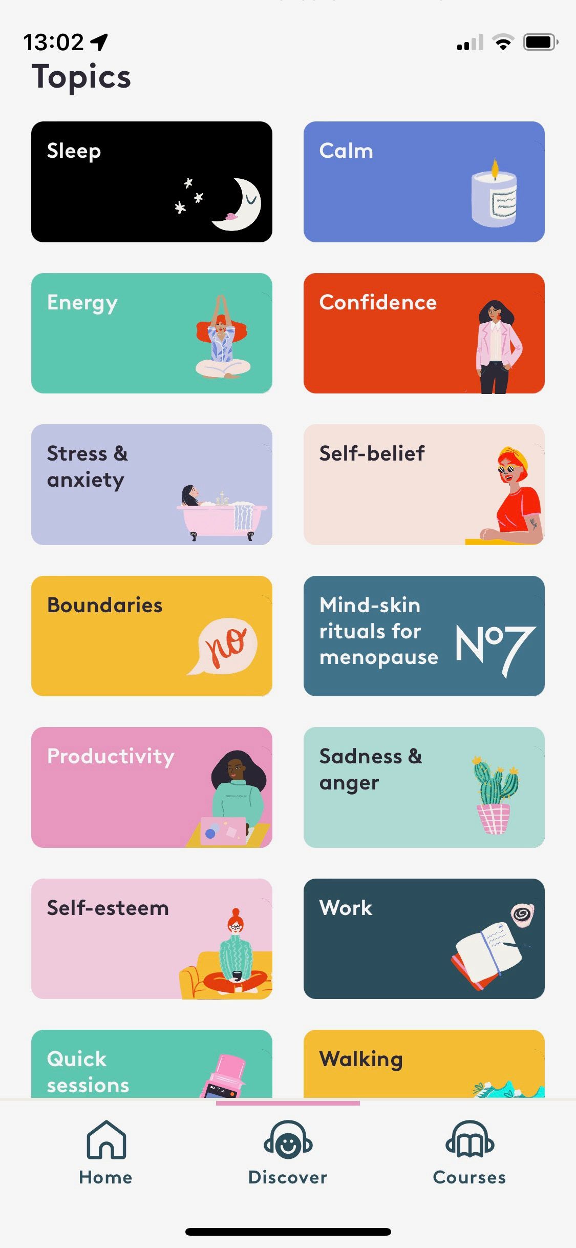 Screenshot of Clementine app showing hypnotherapy topics 1