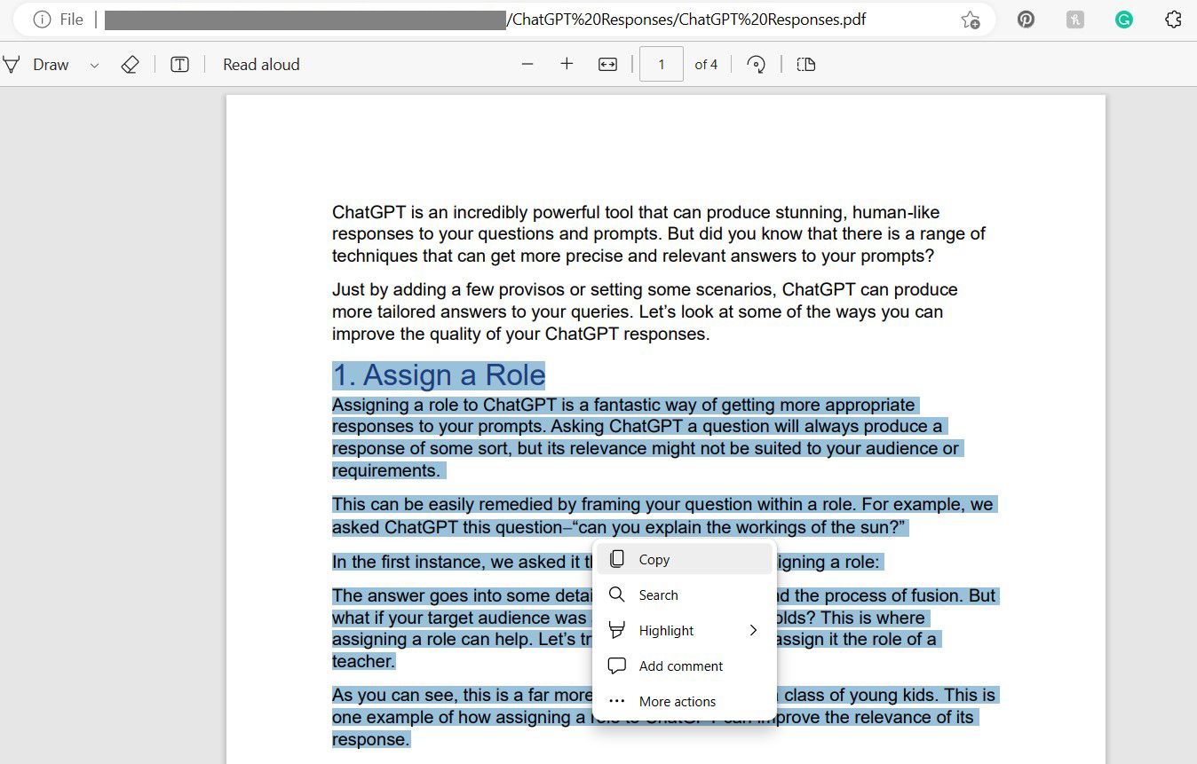 Captura de tela da cópia de texto de PDF aberto no Microsoft Edge