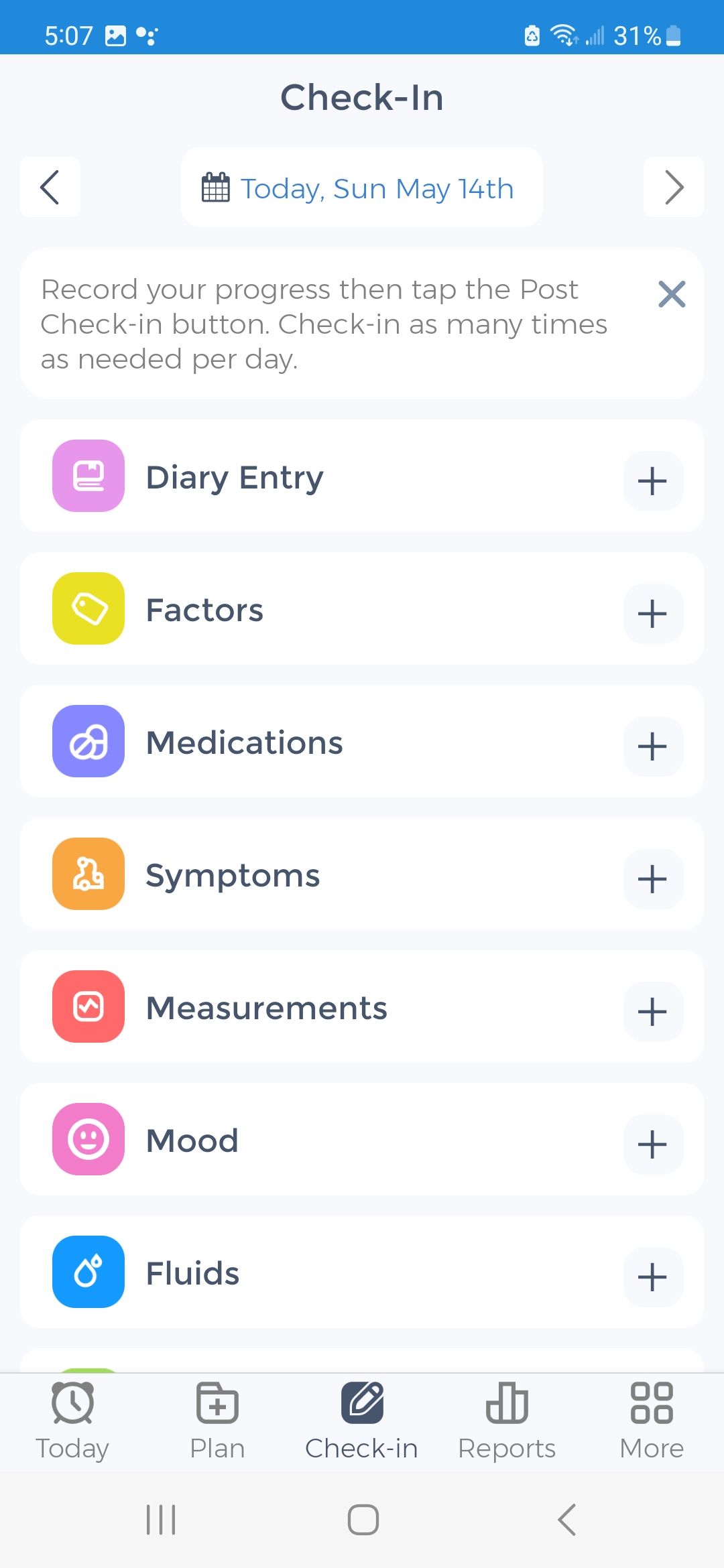 Screenshot of daily check-in options in CareClinic App