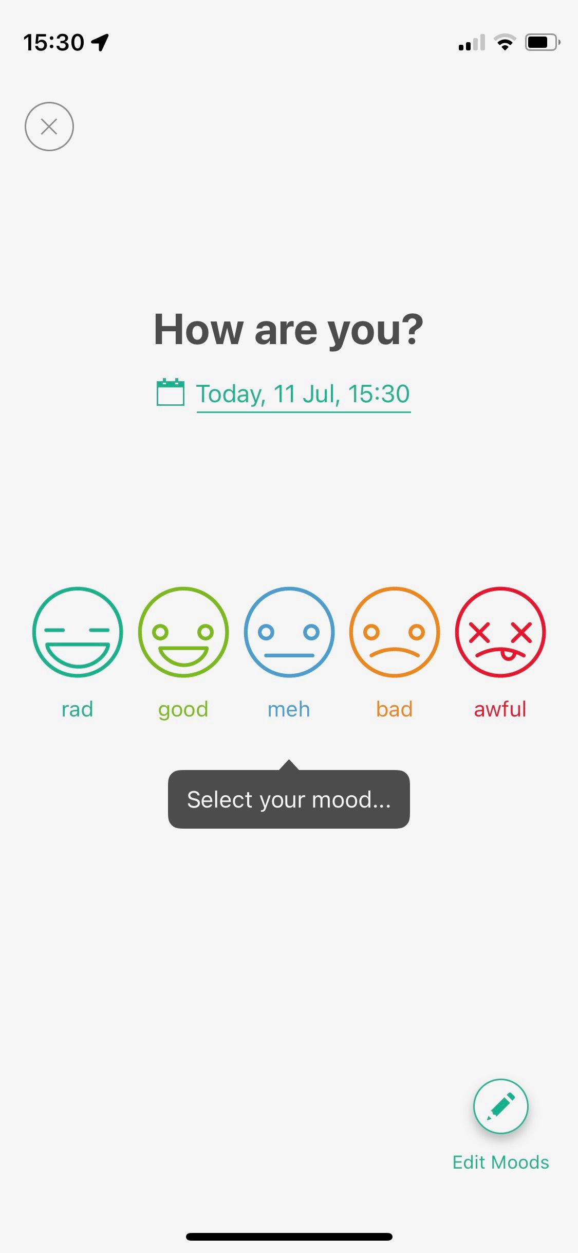 Screenshot of Daylio app showing daily checkin screen 1