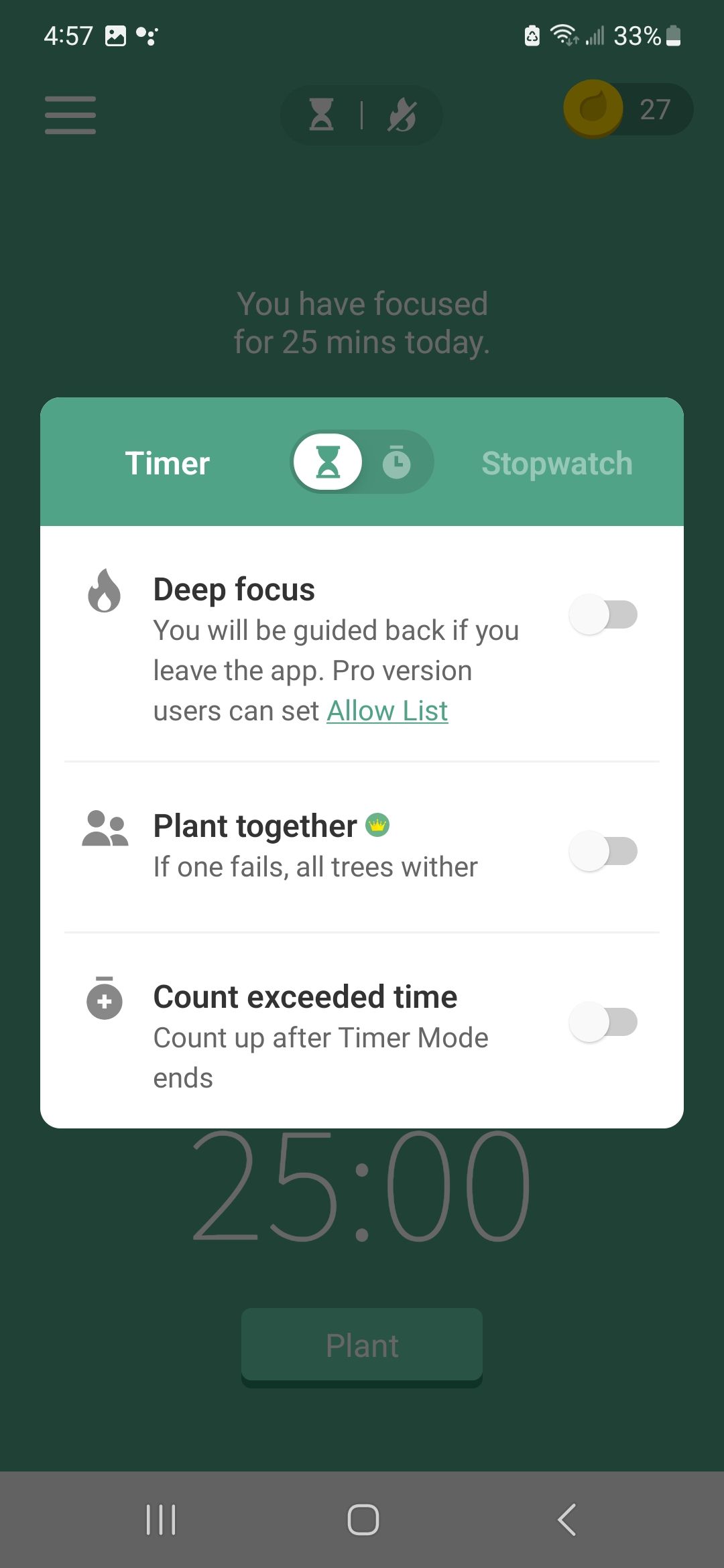 Screenshot of focus options in Forest app
