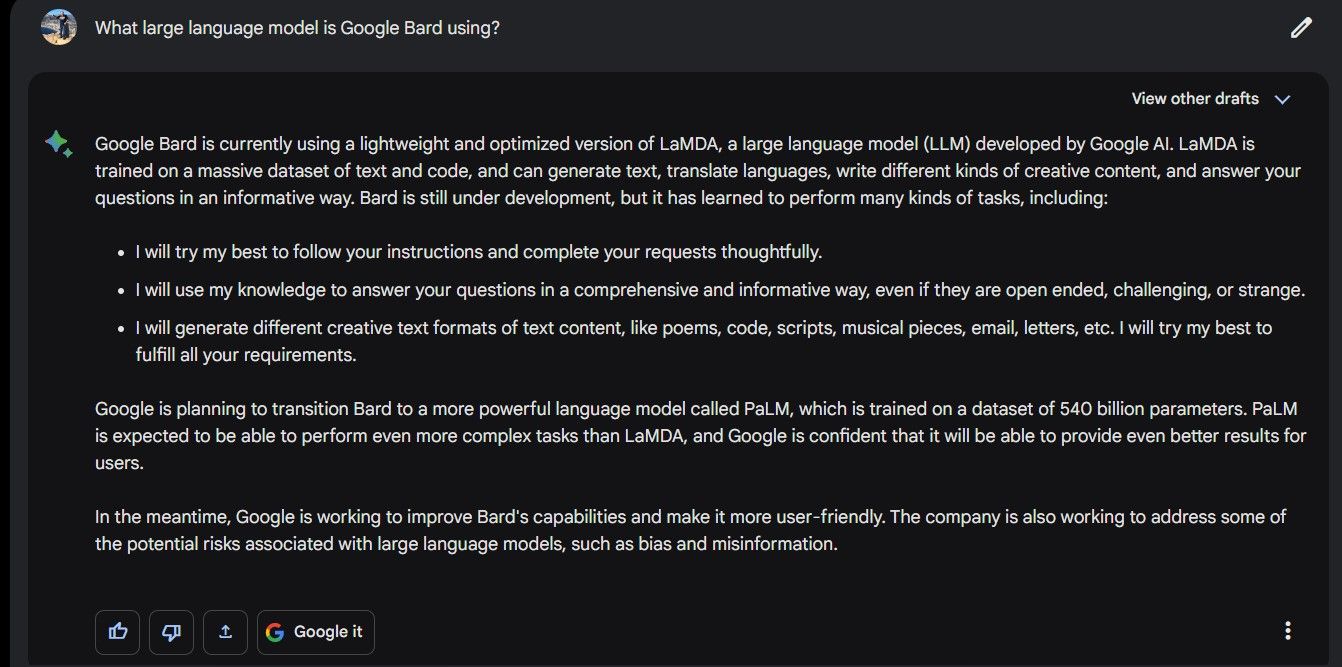 Screenshot of Google Bard answering LLM question