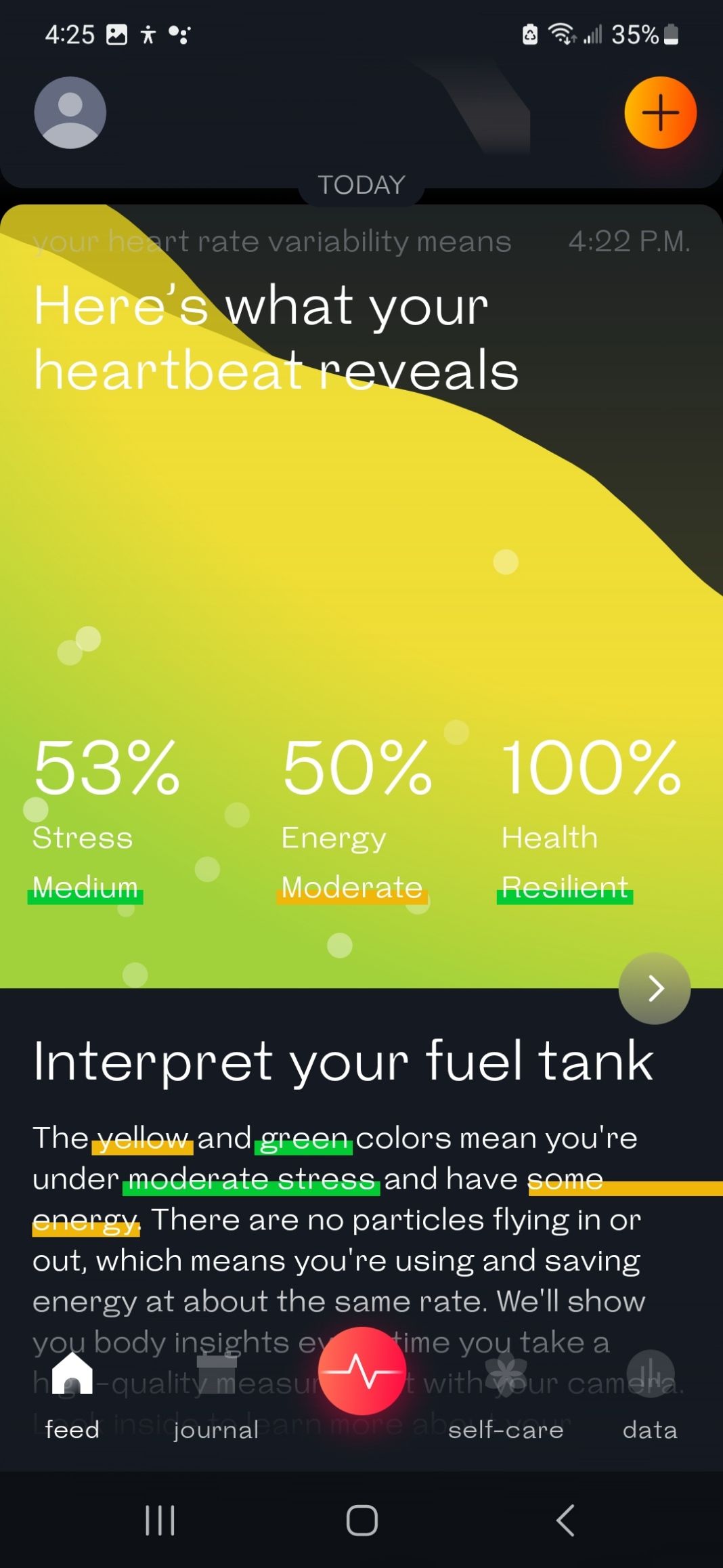 Screenshot of heartrate results in Welltory app