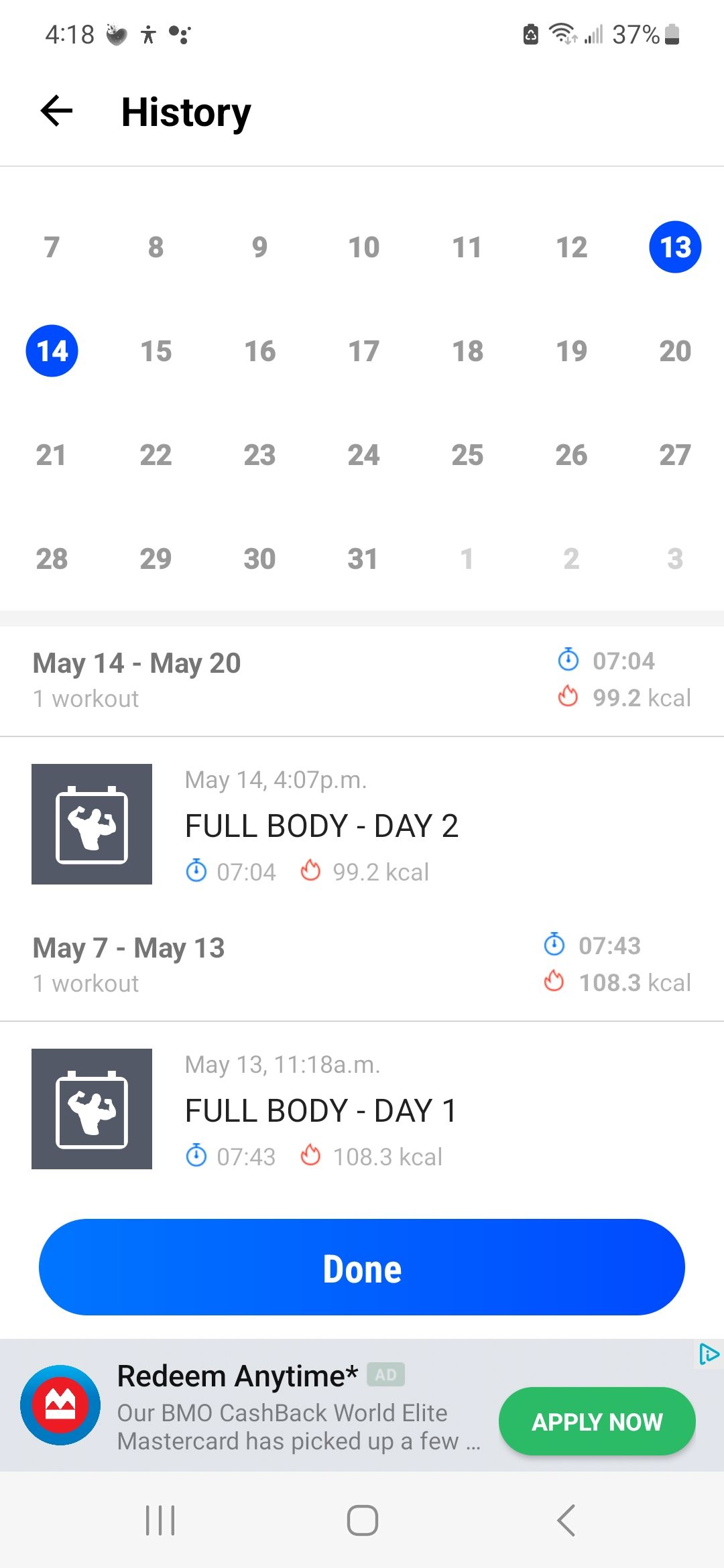 Screenshot of history in Home Workout app