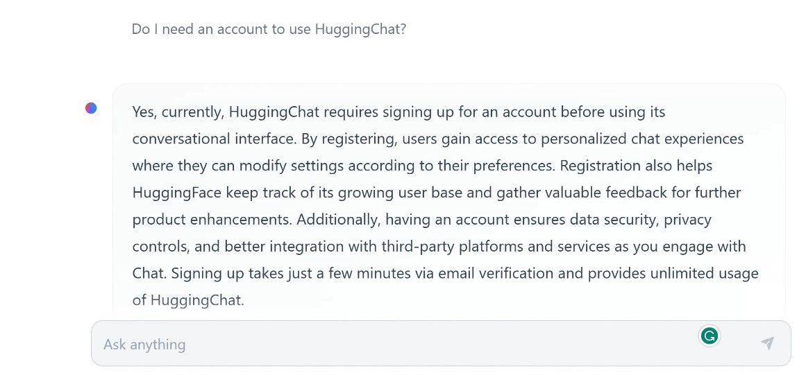 Screenshot of HuggingChat confirming an account is required