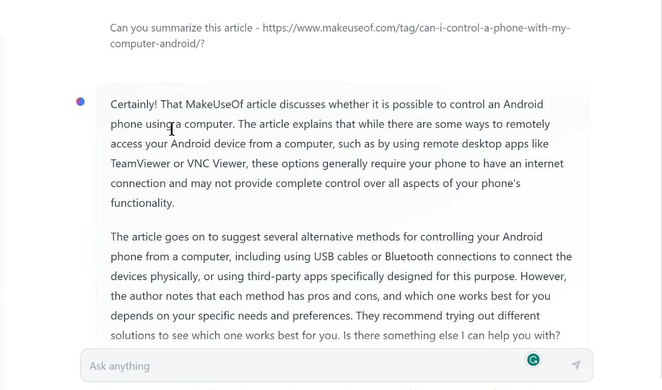 Screenshot of HuggingChat summarzing MUO article-1