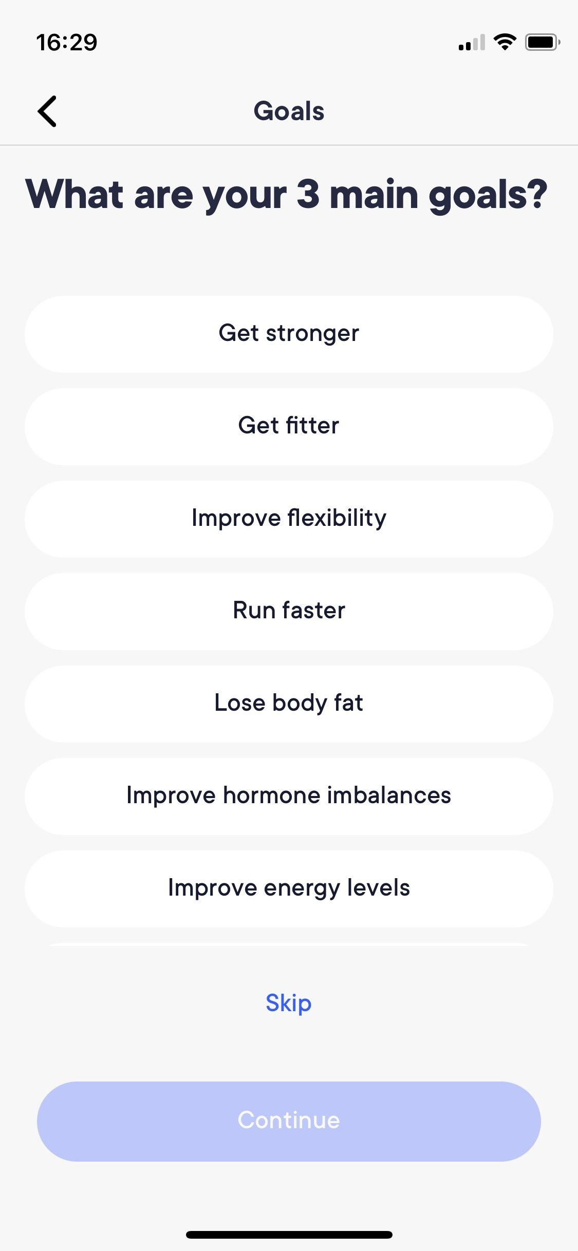 Screenshot of Jennis app initial questionnaire goal setting