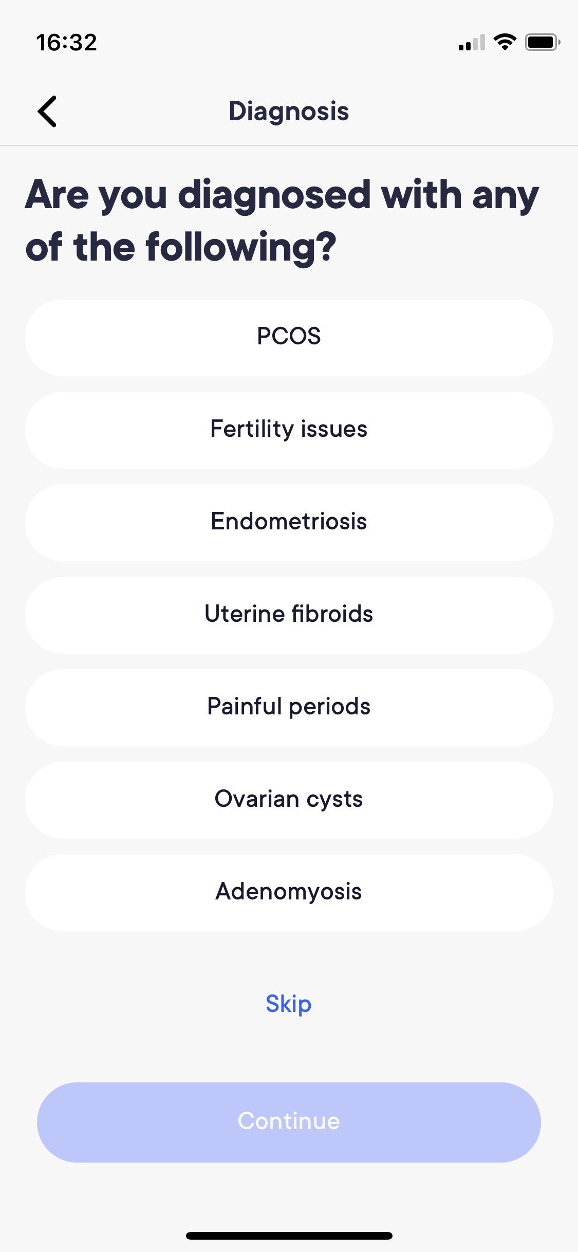 Screenshot of Jennis app initial questionnaire health diagnosis question