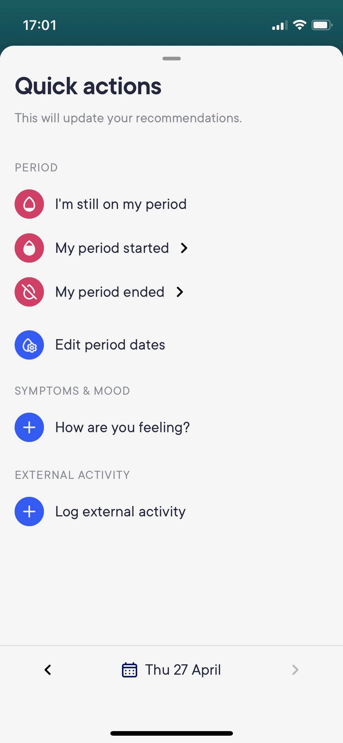 Screenshot of Jennis app quick update symptom logging function