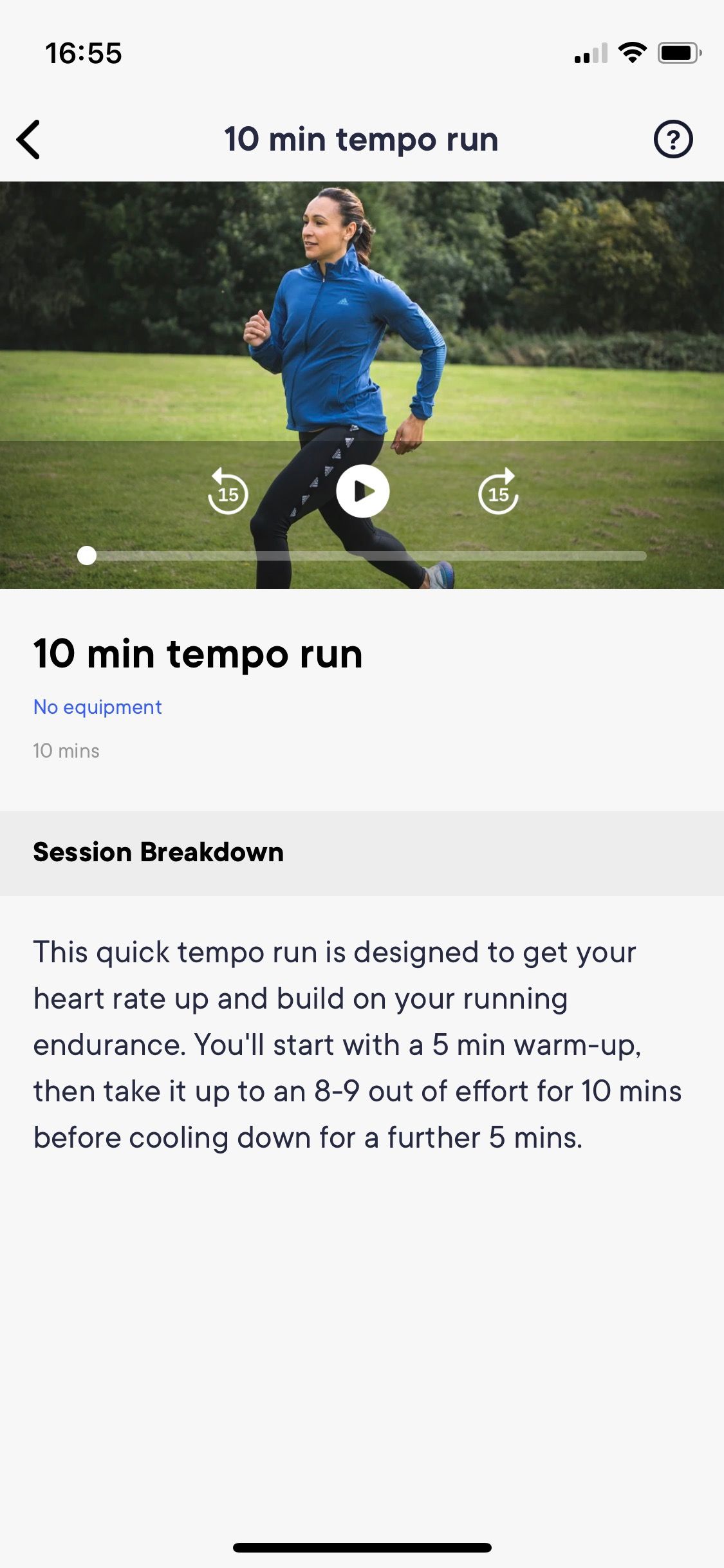 Screenshot of Jennis app running workout