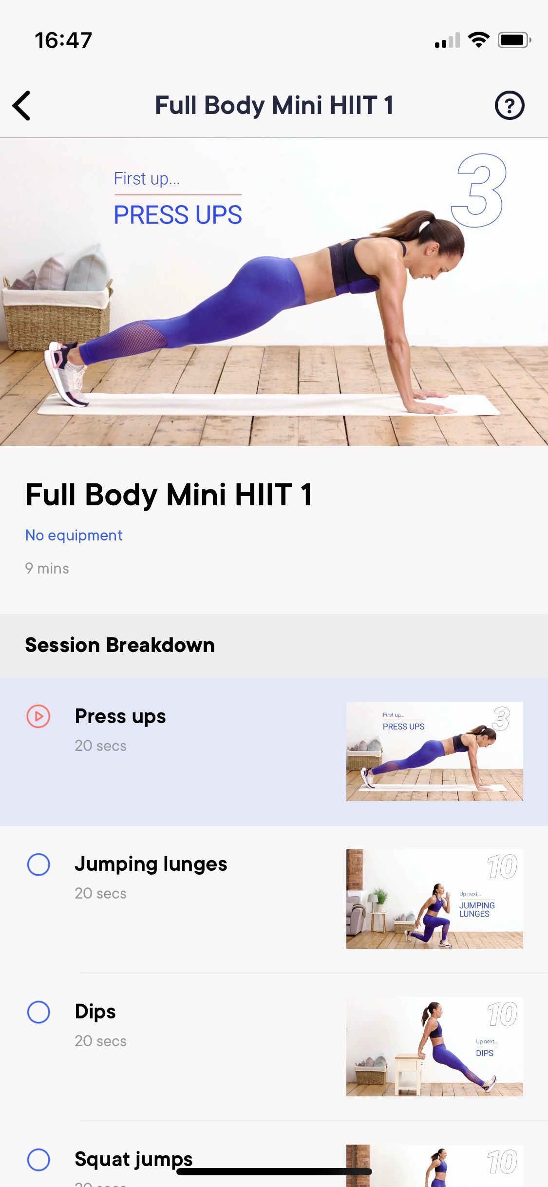 Screenshot of Jennis app sample HIIT workout
