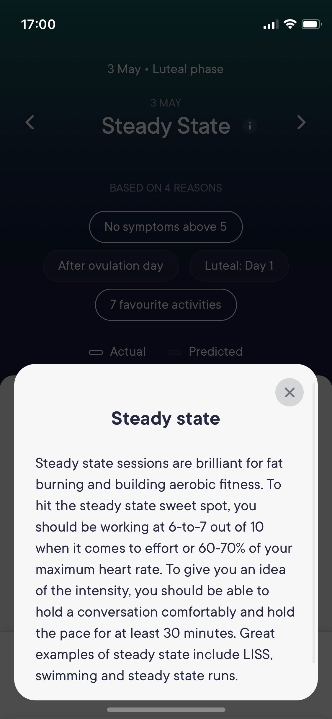 Screenshot of Jennis app Steady Stage workout category explanation