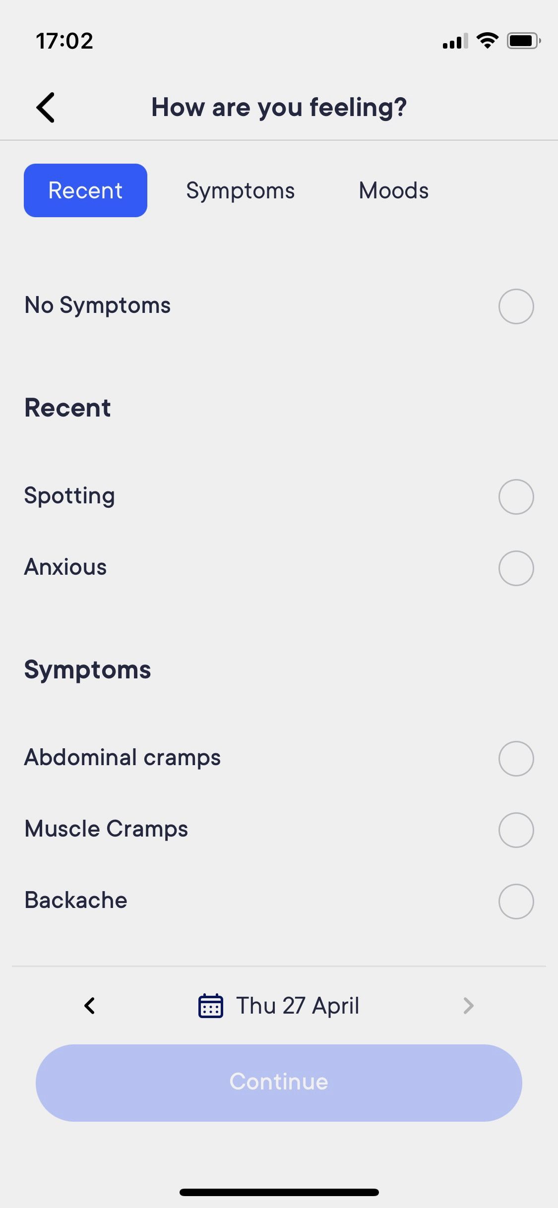 Screenshot of Jennis app symptom logging function