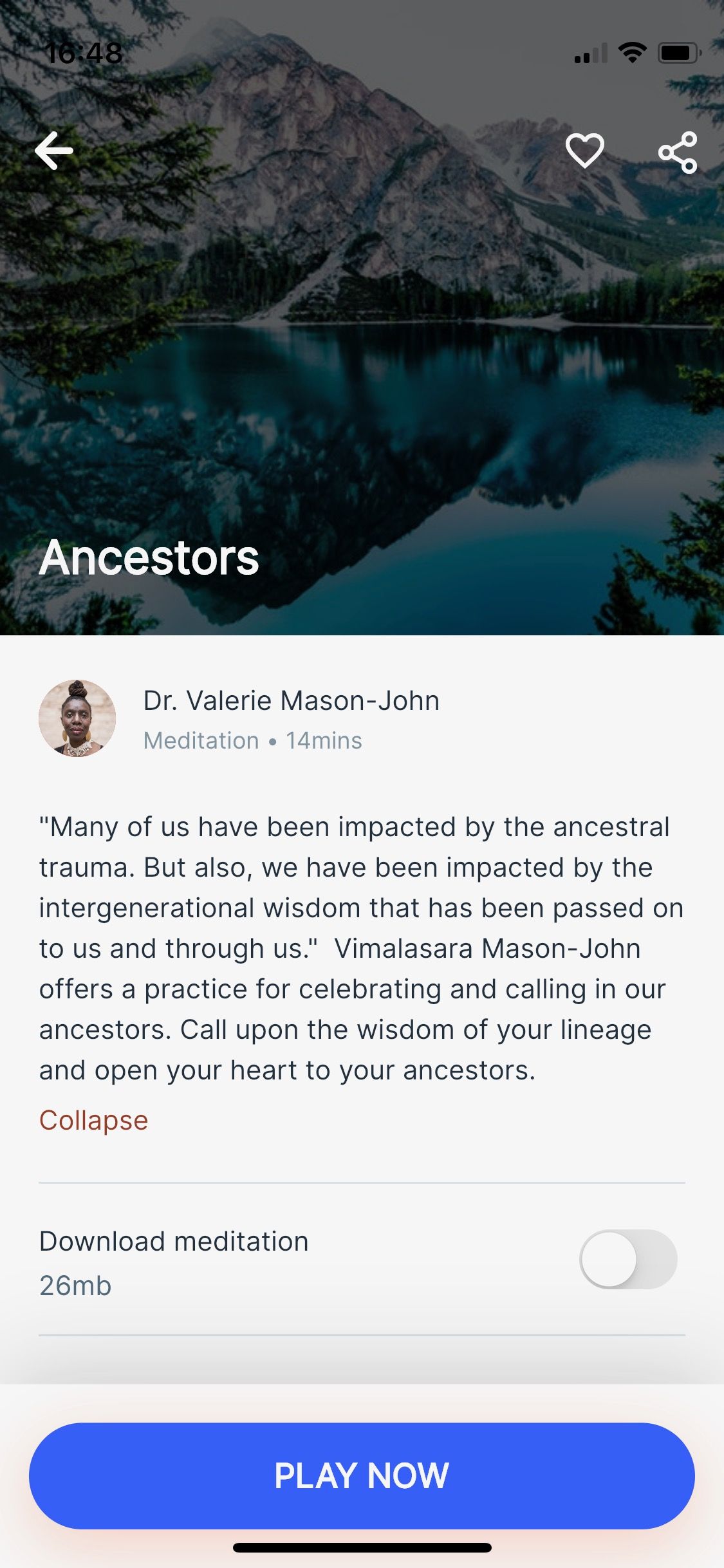 Screenshot of Liberatecx app showing Ancestors meditation