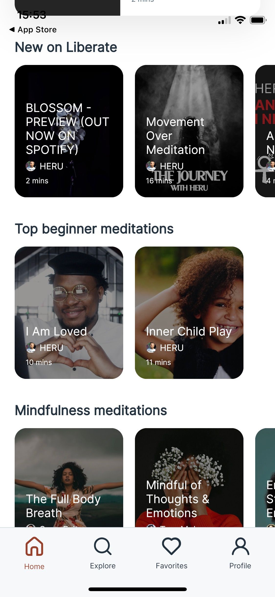 Screenshot of Liberatecx app showing home screen with selected meditations