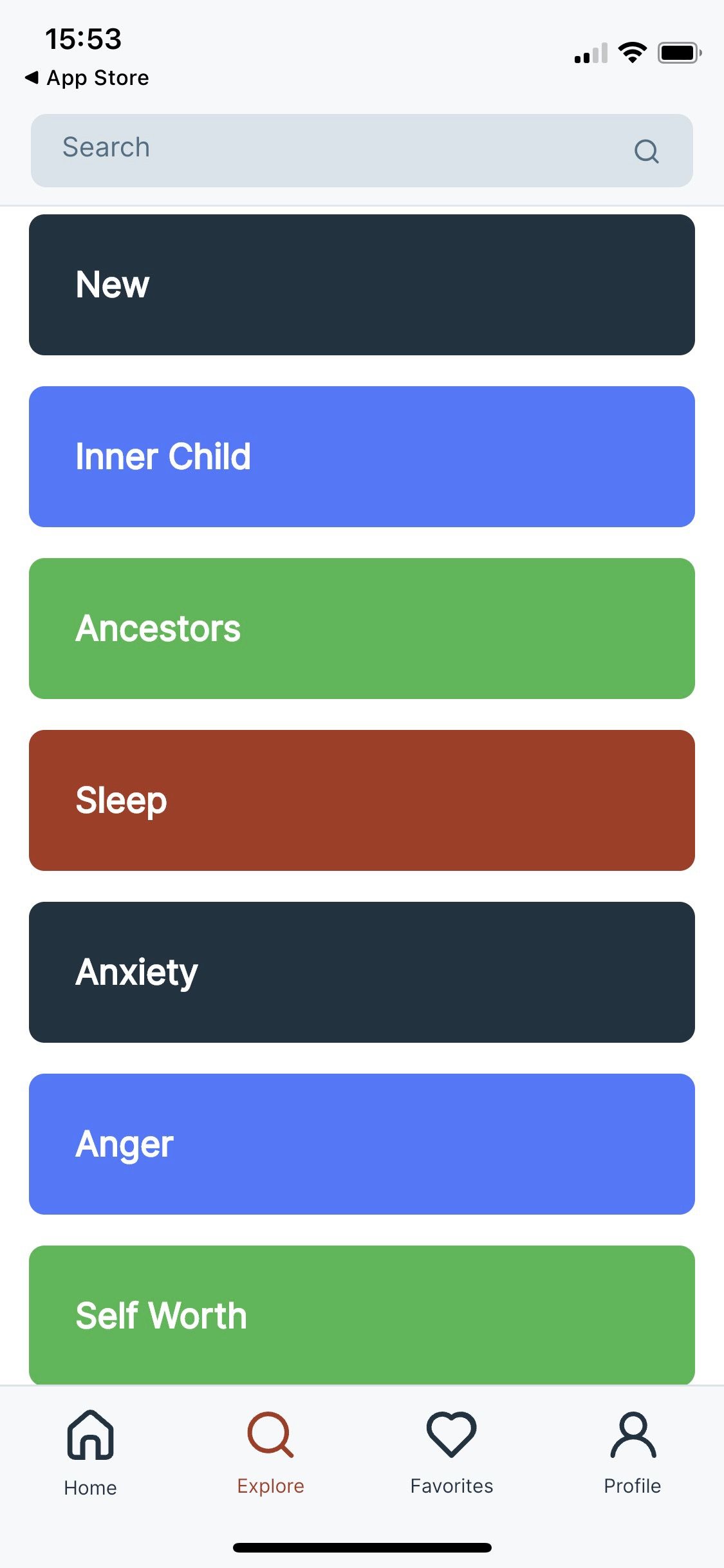 Screenshot of Liberatecx app showing meditation categories