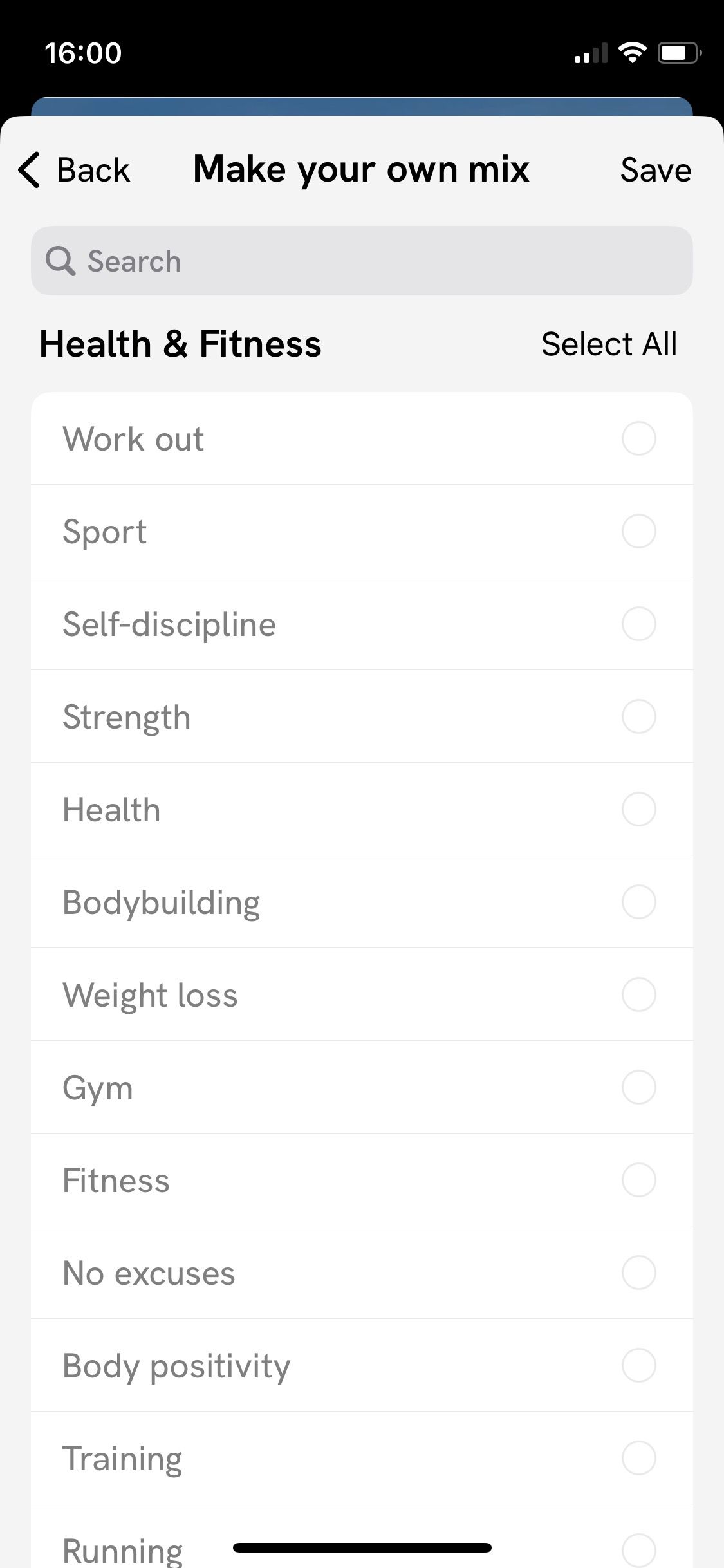 Screenshot of Motivation app Health and Fitness affirmation categories