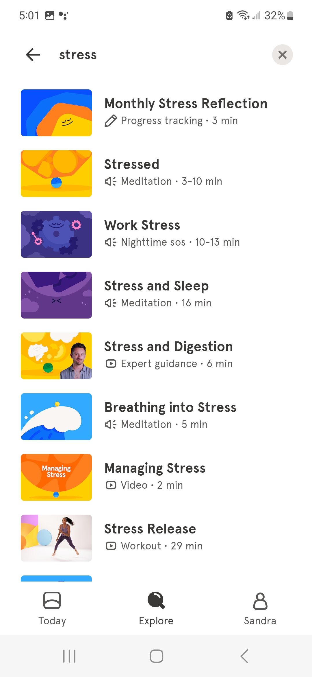 Screenshot of options to help with stress in Headspace app