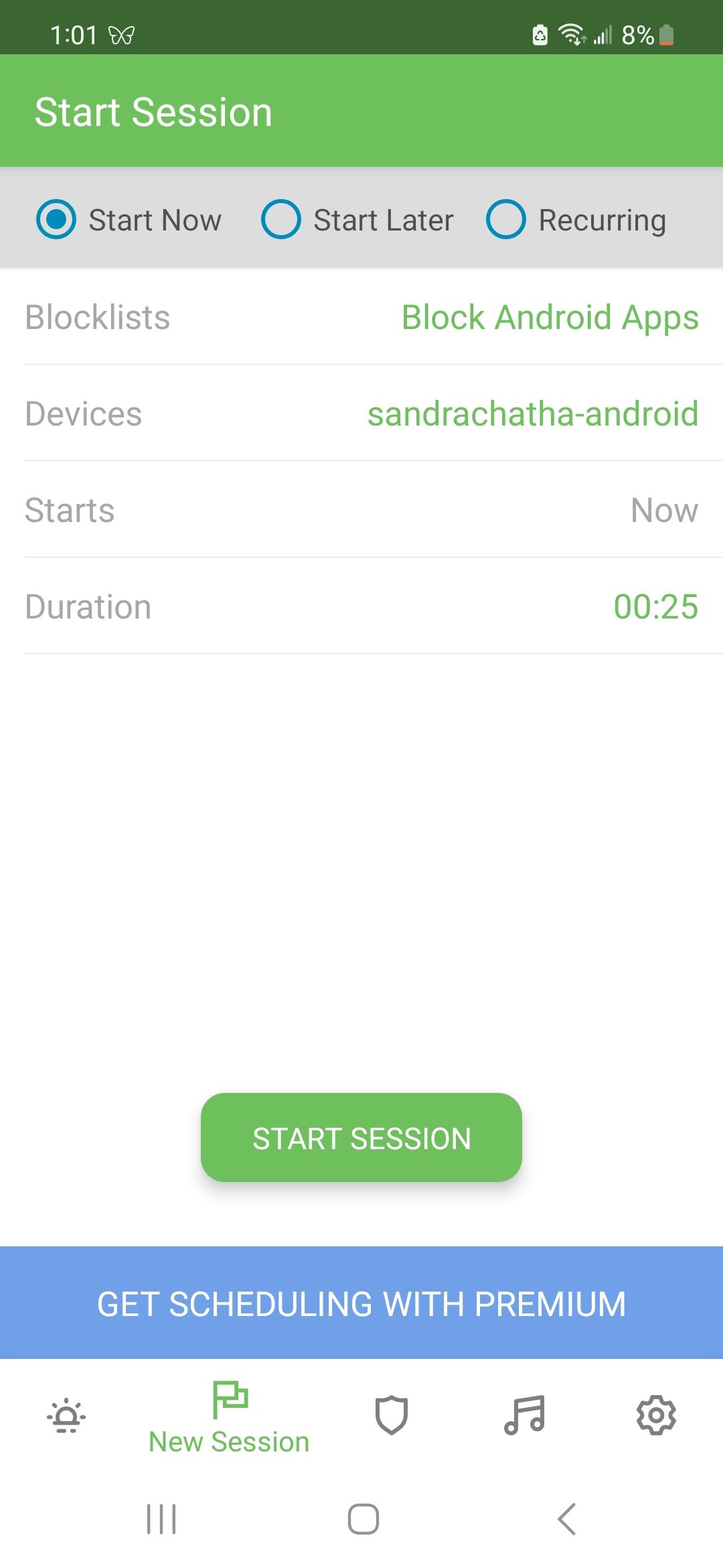 Screenshot of page to activate focus time in Freedom app