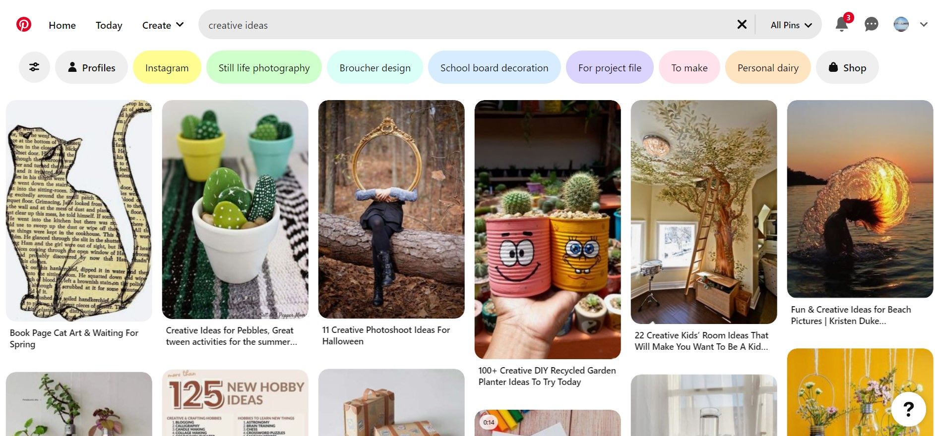 Screenshot of Pinterest creative ideas search