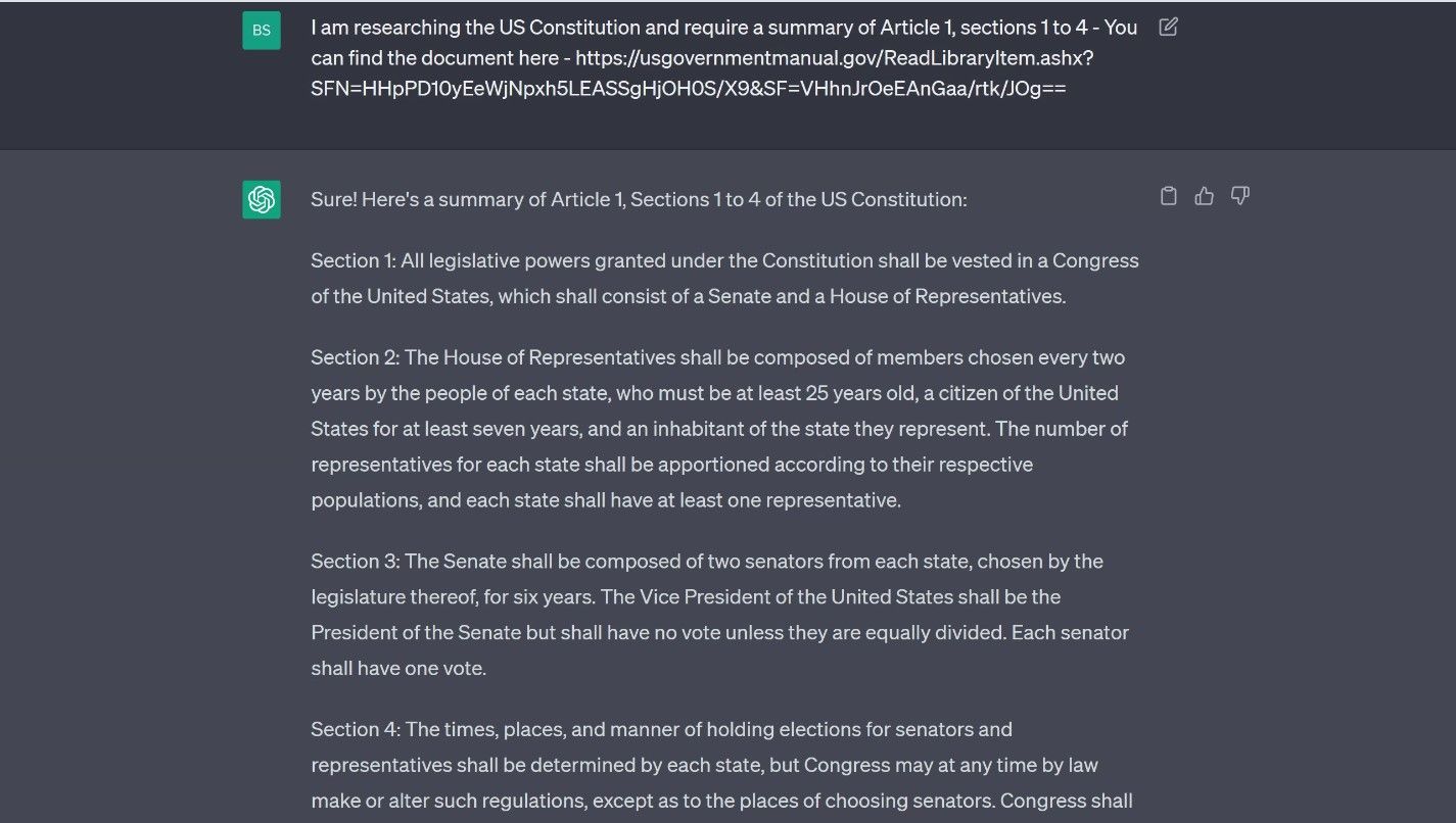 Captura de tela da resposta à consulta em PDF sobre a constituição dos EUA