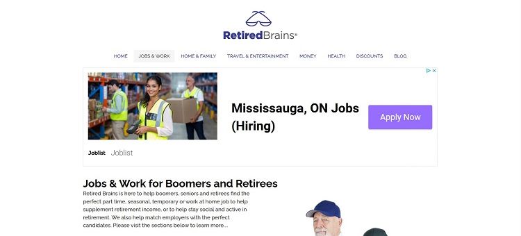 Screenshot of Retired Brains jobs and work page