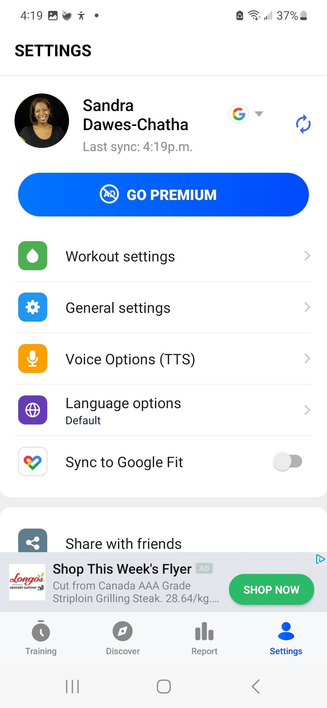 Screenshot of settings options in Home Workout app