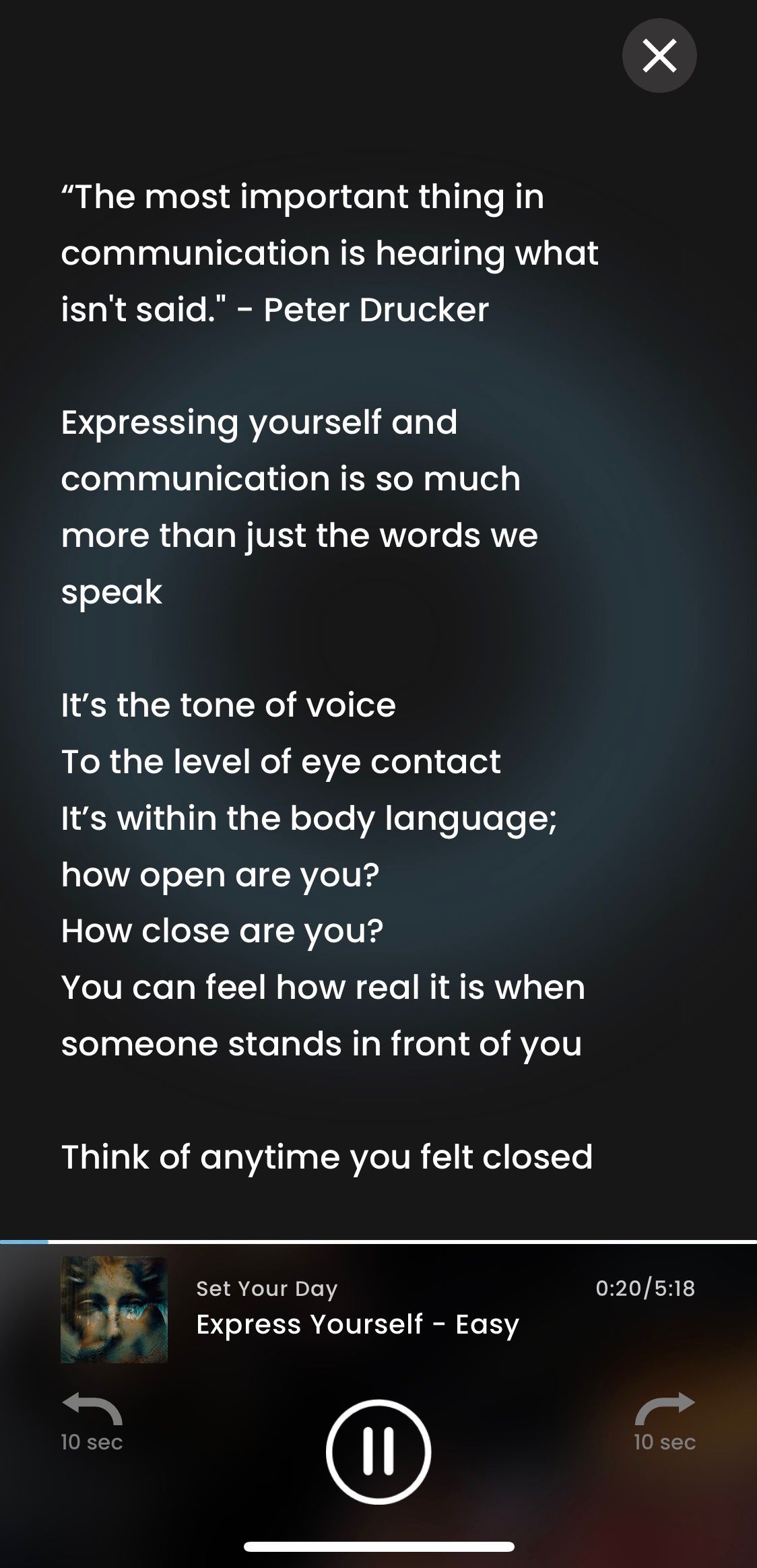 Screenshot of SPOKE app showing meditation screen with lyrics 3