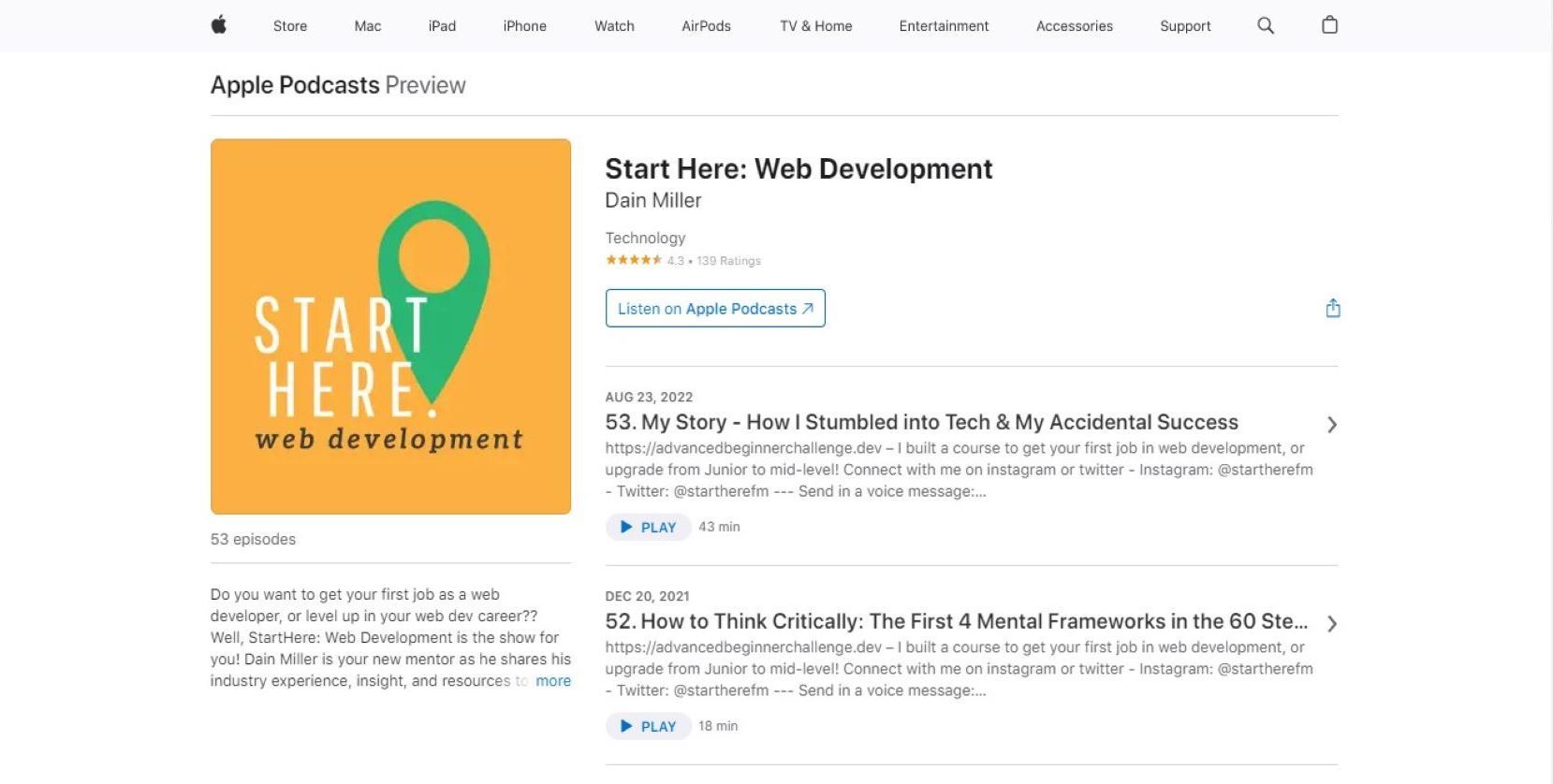 Screenshot of Start Here: Web Development homepage