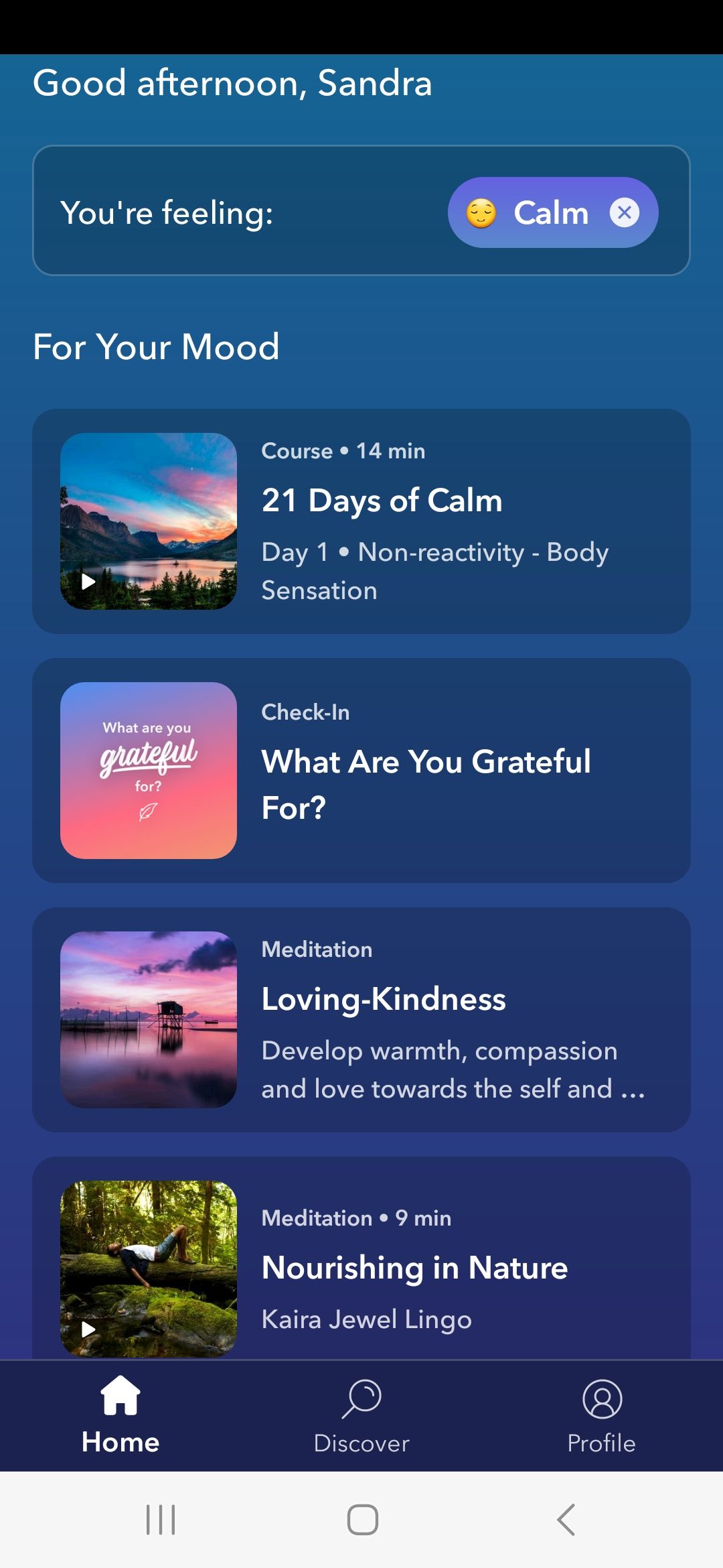 Screenshot of tools to help you calm down in Calm app