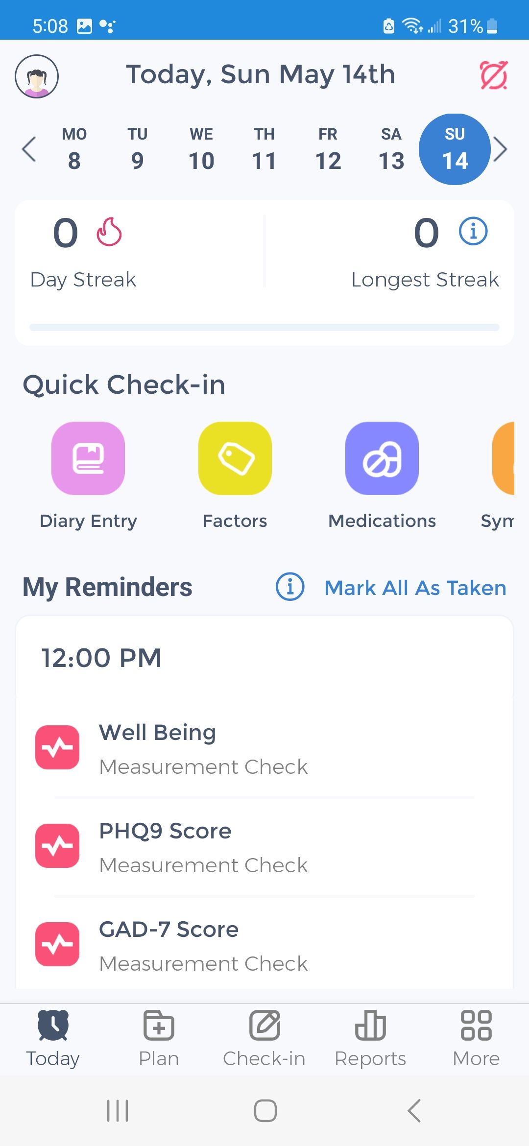 Screenshot of tracking reminders in CareClinic App