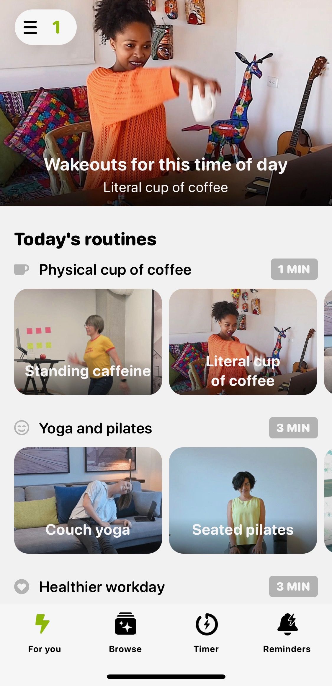 Screenshot of Wakeout app showing the exercise suggestions in the For You tab 1