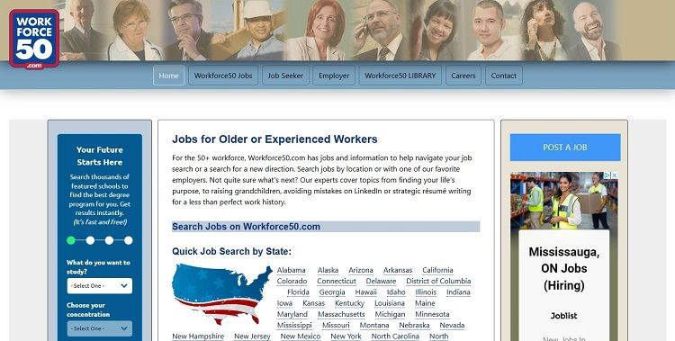 Screenshot of workforce50dotcom homepage