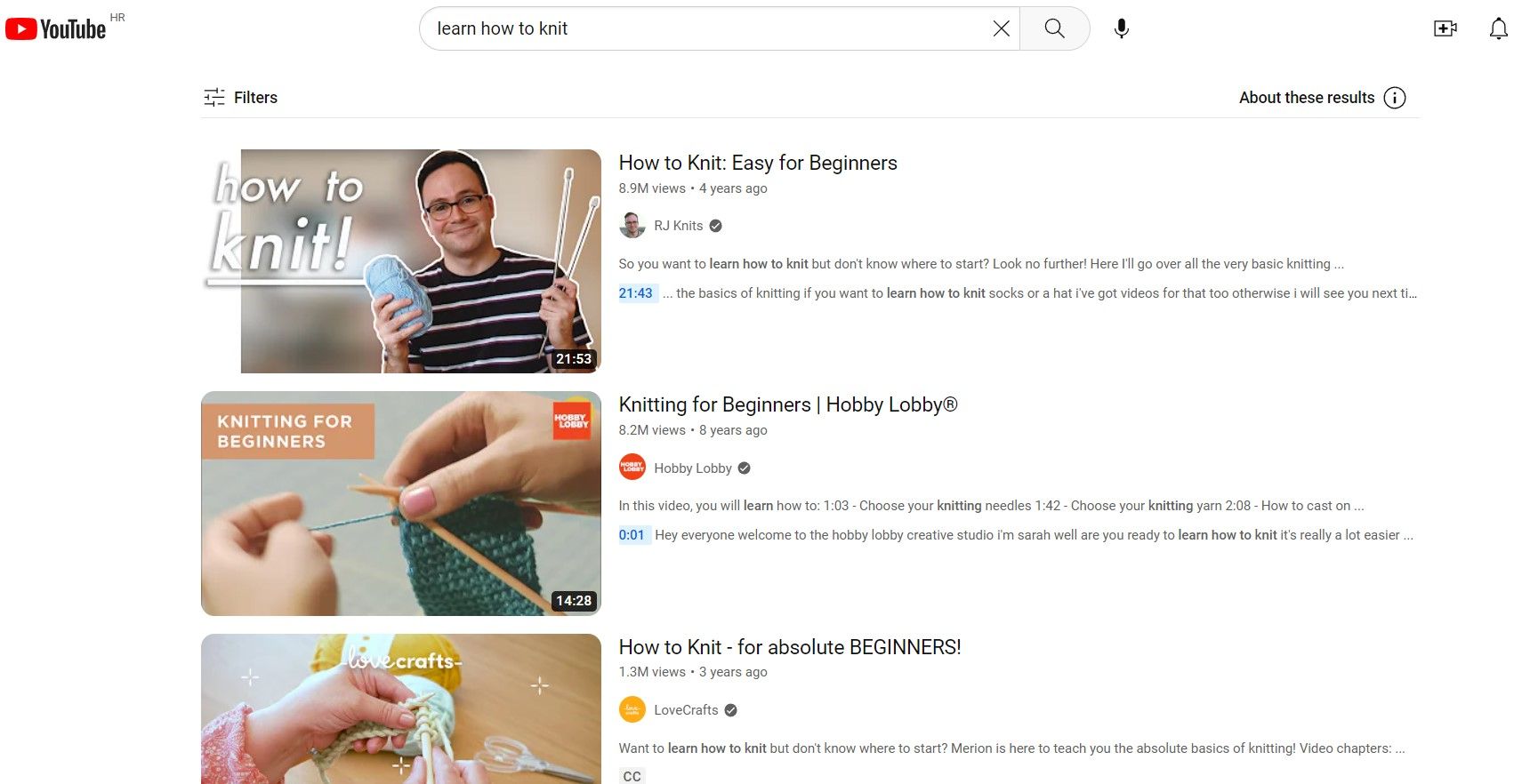 Screenshot of YouTube learn how to knit