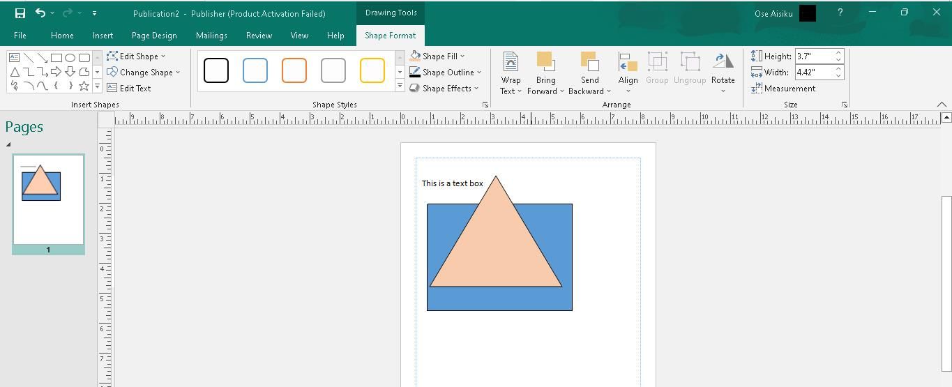 Screenshot showing Shapes on a Microsoft Publisher page