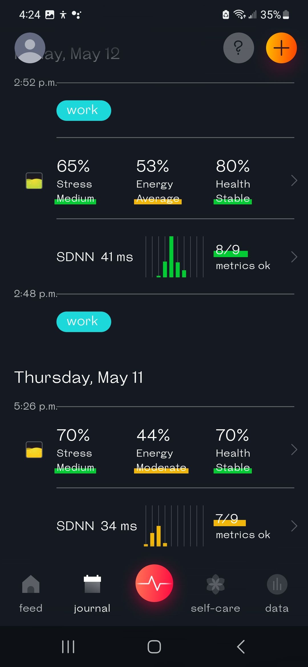 Screenshot summary of daily results in Welltory app
