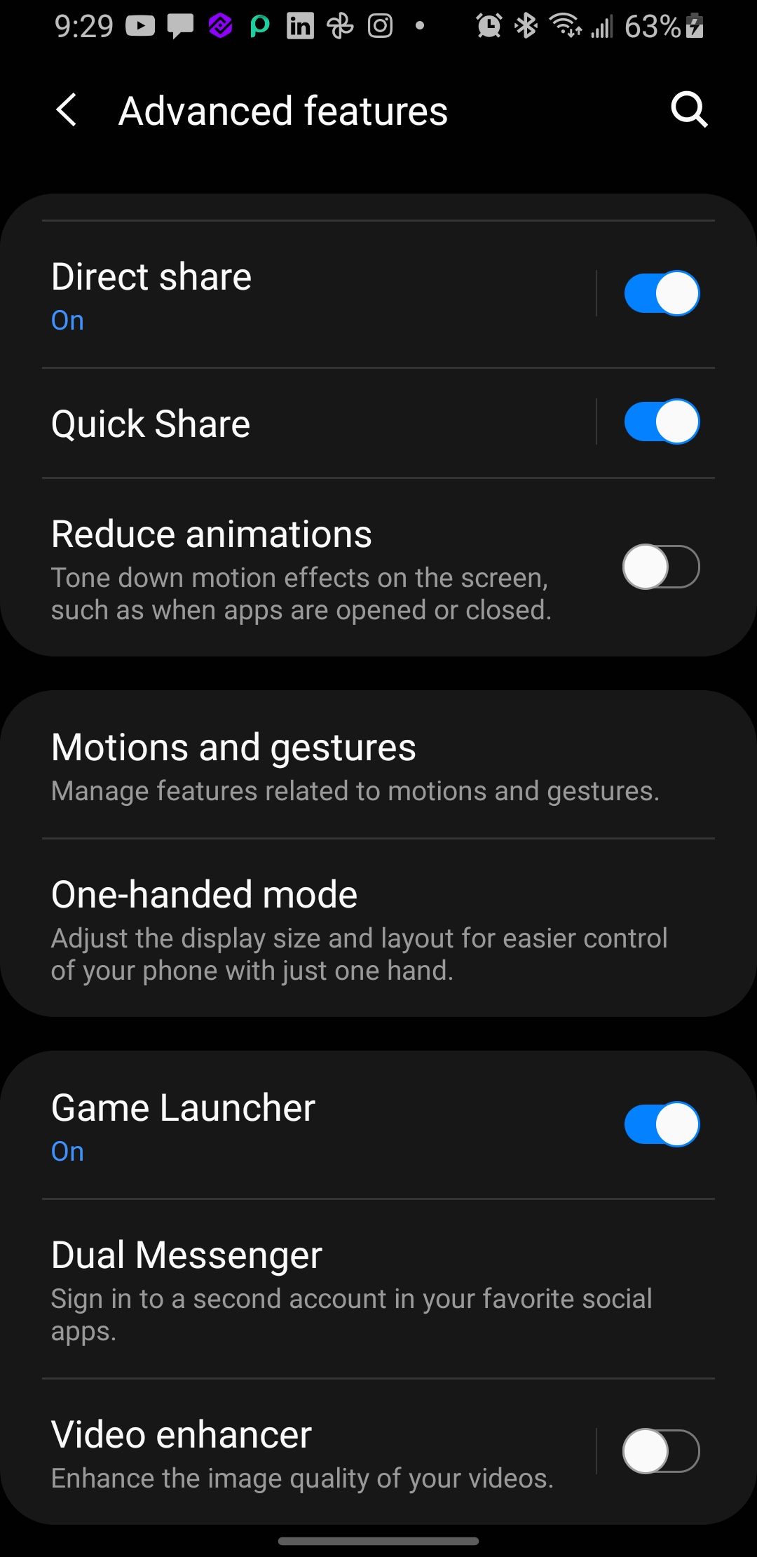 Screenshot of Advanced Features Settings on Android
