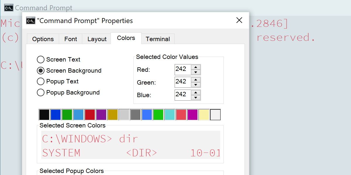 screenshot of cmd properties window