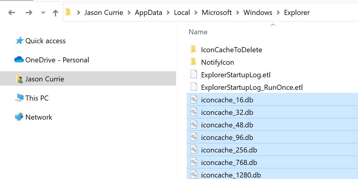 screenshot of the icon cache files in windows 11