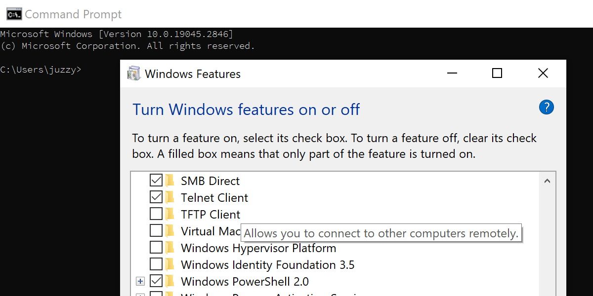 screenshot of the windows features window showing telnet client selected
