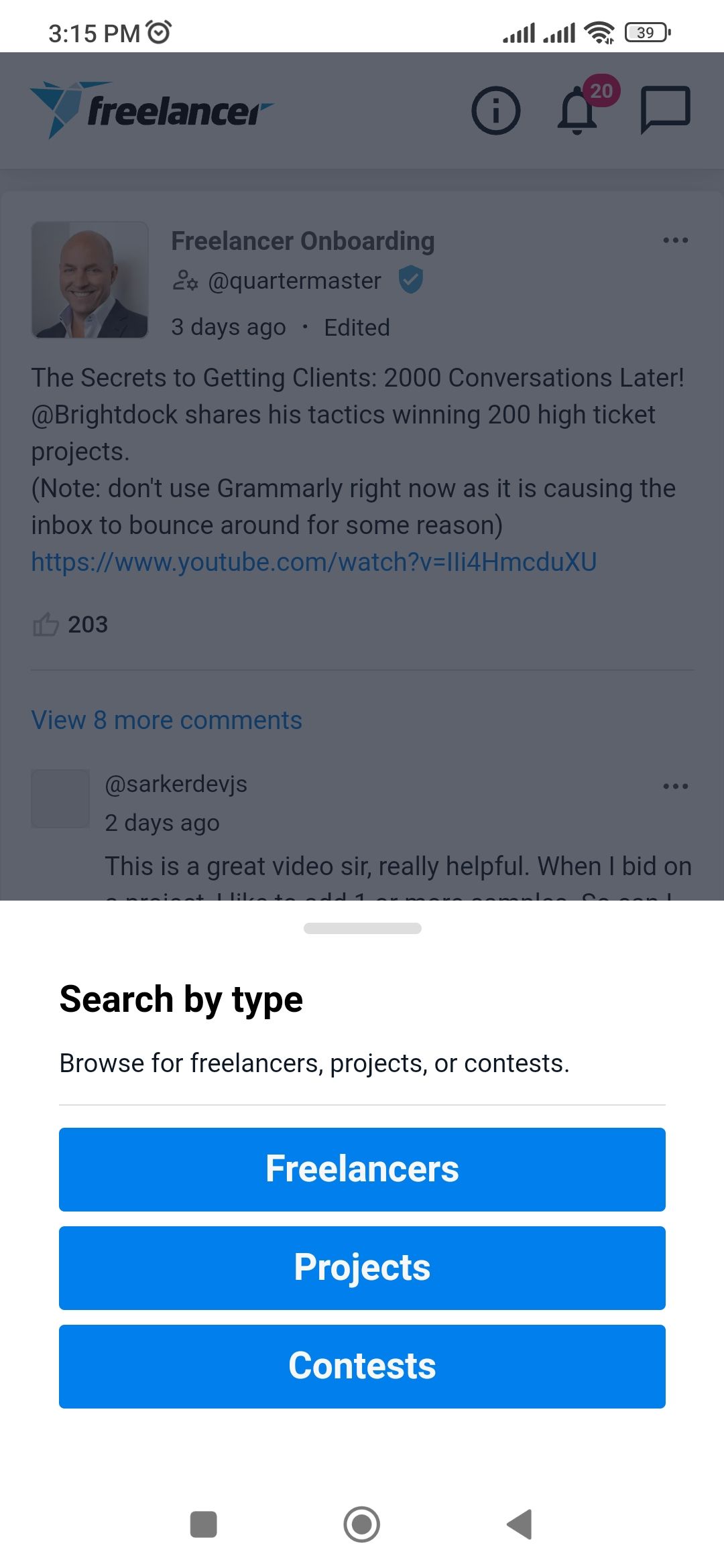 Search by type options in the Freelancer app
